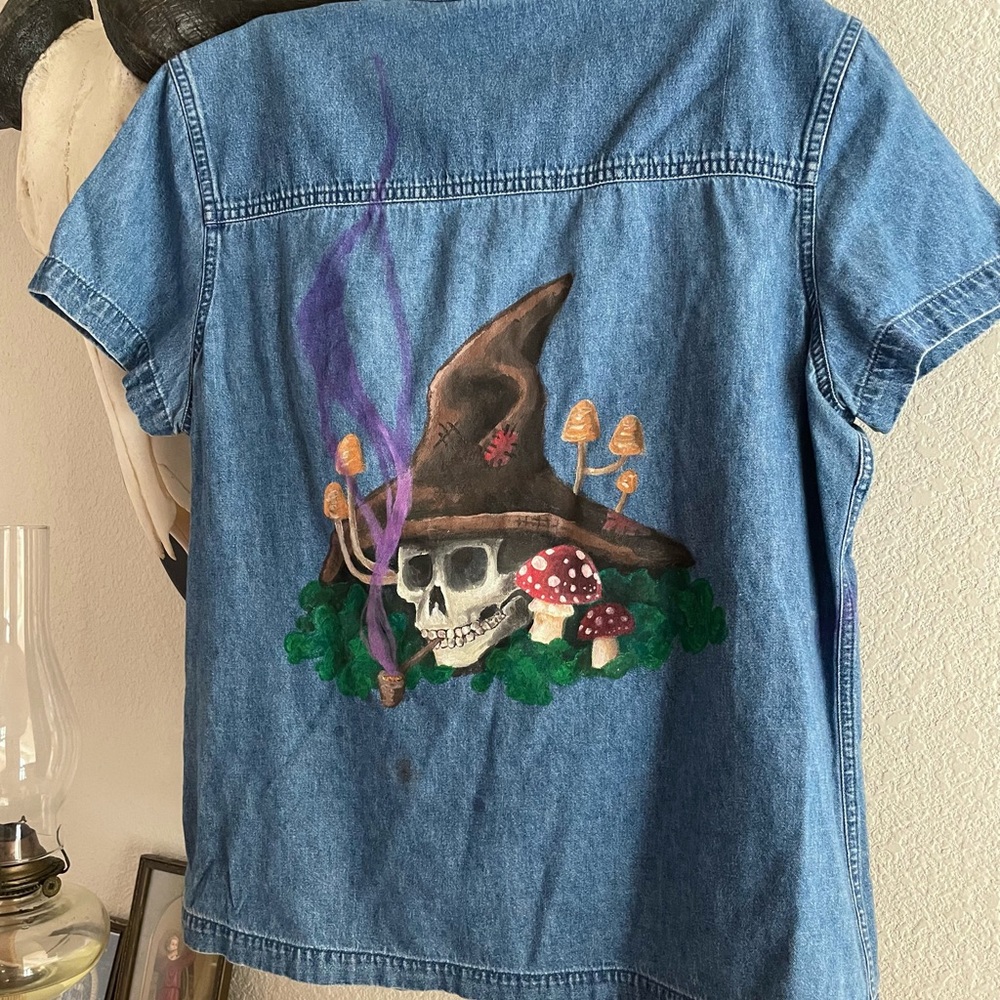 Hand painted denim short sleeved shirt - stoner wizard